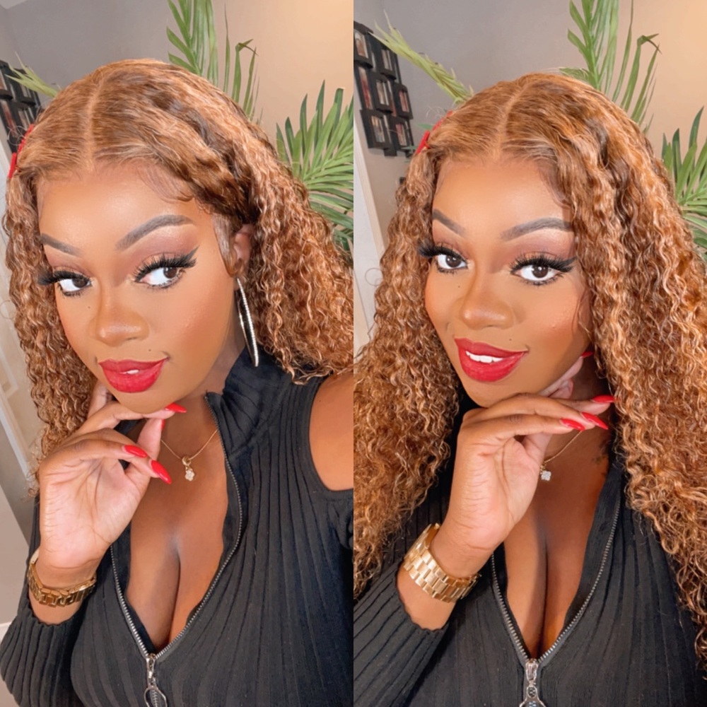 20” Ombre Honey Blonde Highlight Curly 13x4 Lace Front Wig- Human Hair